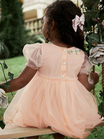 ウェディング フラワーガールドレス 特別な日のドレス ソフトピンク 半袖 刺繍入り