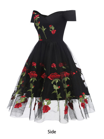 ブラックヴィンテージドレス　2025　1950sオフショルダー　フラワー刺繍レッド　チュールホームカミングドレス