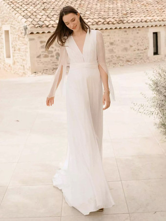 ホワイトシンプルなウェディングドレス ボールガウン Vネック 長袖 ボタン付き ブライダルドレス