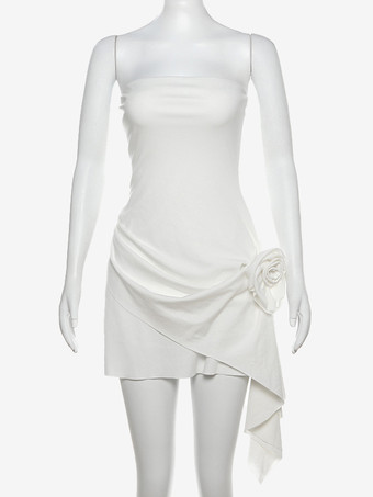 パーティードレス ホワイト ストラップレス ノースリーブ セミフォーマルドレス