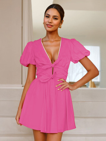 ローズレッドバターイエローのパフスリーブミニドレス、フロントリボン付き、Vネック、Aライン、レディースサマードレス 2025