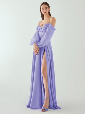 ライラックイブニングドレス Aライン プリーツ ハイスリット デザインネックライン フロアレングス シフォン 社交パーティードレス