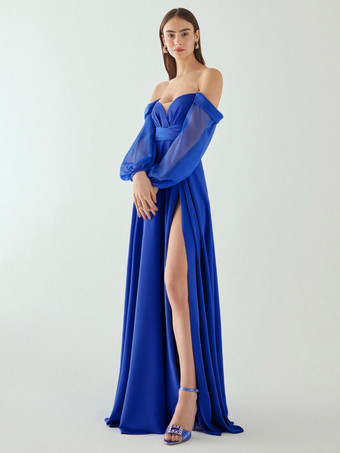 ブルーイブニングドレス Aライン プリーツ ハイスリット デザインネックライン フロアレングス シフォン 社交パーティードレス