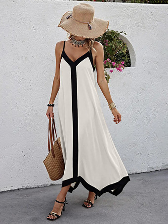 ホワイト ビーチスリップドレス、ブラックコントラストトリム、Vネックロングドレス、レディース 2025
