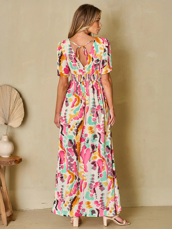 Vネックとサイドスリットのプリントロングドレス 2025