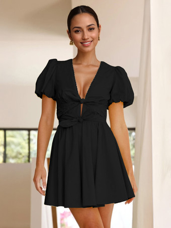 ブラック バターイエローのパフスリーブミニドレス、フロントリボン付き、Vネック、Aライン、レディースサマードレス 2025