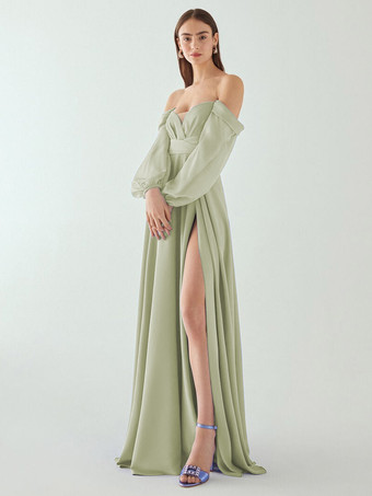 セージグリーンイブニングドレス Aライン プリーツ ハイスリット デザインネックライン フロアレングス シフォン 社交パーティードレス