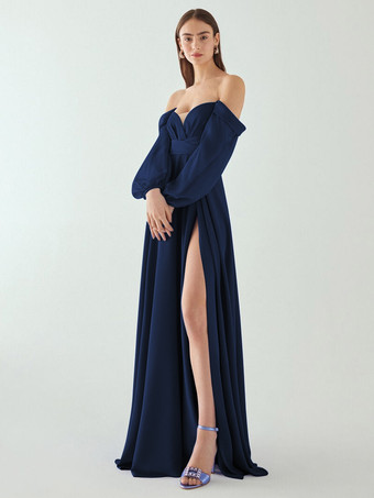 ダークネイビーイブニングドレス Aライン プリーツ ハイスリット デザインネックライン フロアレングス シフォン 社交パーティードレス