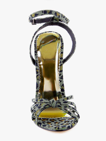 セクシーサンダル ヒョウ柄 スティレットヒール グリーン アンクルストラップ 