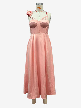 ハートネックラインAラインミディ丈スリップドレス（3Dフラワーデコレーション付き）2025