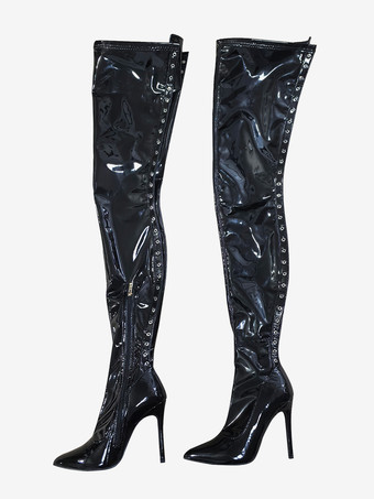 黒のセクシーなブーツ ポインテッドトゥ レースアップ ハイヒール サイハイブーツ