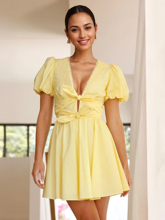 イエローバターイエローのパフスリーブミニドレス、フロントリボン付き、Vネック、Aライン、レディースサマードレス 2025