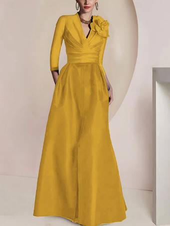 ゴールド ブライダルマザードレス Vネック 3/4丈スリーブ Aライン プリーツ フロアレングス ゲストドレス 結婚式用