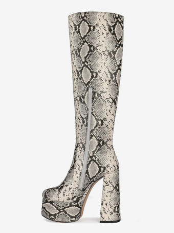 ロングブーツパイソンラウンドトゥスネークプリントチャンキーヒール膝丈ブーツ女性用