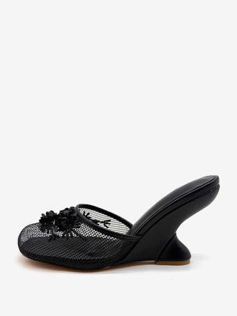 レディース ウェッジサンダル メッシュ ラウンドトゥ フラワー バックレス ウェッジミュール