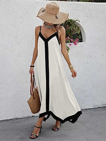 ビーチスリップドレス、ブラックコントラストトリム、Vネックロングドレス、レディース 2025