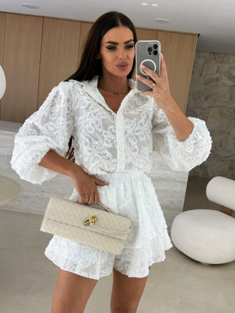 ホワイト ジャカードツーピースコーデセット 長袖シャツとレイヤードショーツ 2025