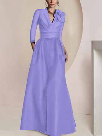 ライラックブライダルマザードレス Vネック 3/4丈スリーブ Aライン プリーツ フロアレングス ゲストドレス 結婚式用