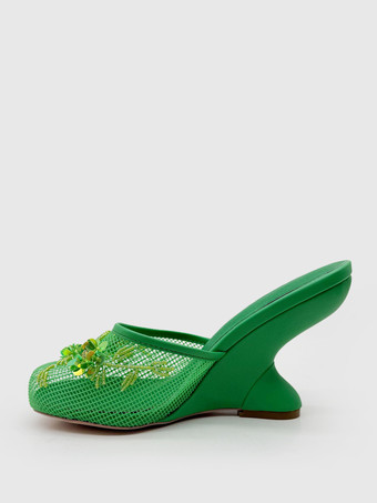 レディース ウェッジサンダル メッシュ ラウンドトゥ フラワー バックレス ウェッジミュール