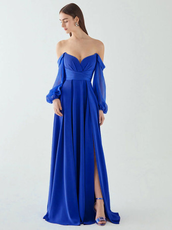 イブニングドレス Aライン プリーツ ハイスリット デザインネックライン フロアレングス シフォン 社交パーティードレス