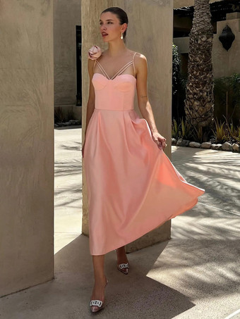 ハートネックラインAラインミディ丈スリップドレス（3Dフラワーデコレーション付き）2025