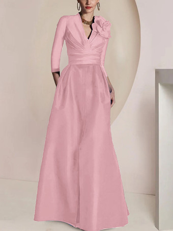 カメオピンクブライダルマザードレス Vネック 3/4丈スリーブ Aライン プリーツ フロアレングス ゲストドレス 結婚式用