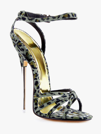 セクシーサンダル ヒョウ柄 スティレットヒール グリーン アンクルストラップ 