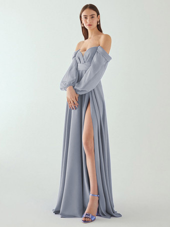 グレイイブニングドレス Aライン プリーツ ハイスリット デザインネックライン フロアレングス シフォン 社交パーティードレス