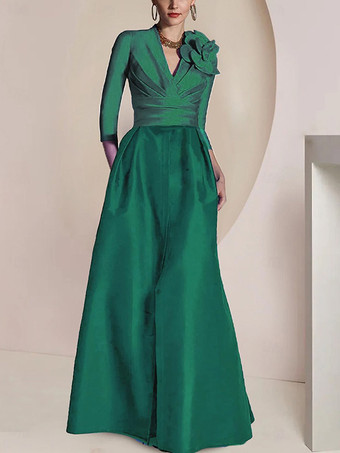 グリーン ブライダルマザードレス Vネック 3/4丈スリーブ Aライン プリーツ フロアレングス ゲストドレス 結婚式用