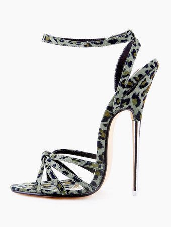 セクシーサンダル ヒョウ柄 スティレットヒール グリーン アンクルストラップ 