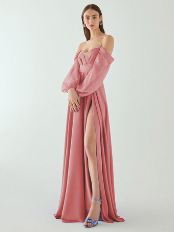 ピンクイブニングドレス Aライン プリーツ ハイスリット デザインネックライン フロアレングス シフォン 社交パーティードレス