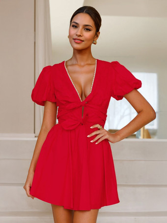 レッド バターイエローのパフスリーブミニドレス、フロントリボン付き、Vネック、Aライン、レディースサマードレス 2025