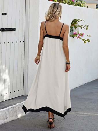 ビーチスリップドレス、ブラックコントラストトリム、Vネックロングドレス、レディース 2025