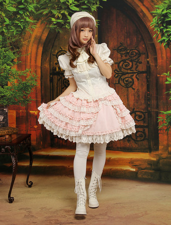 Lolitashow Jupe lolita excellente douse en mélange de coton jacquard avec noeud