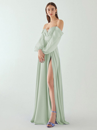 パステルグリーンイブニングドレス Aライン プリーツ ハイスリット デザインネックライン フロアレングス シフォン 社交パーティードレス