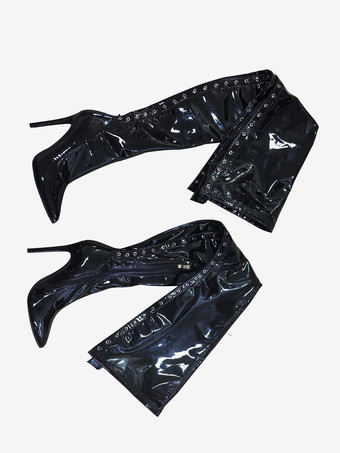 黒のセクシーなブーツ ポインテッドトゥ レースアップ ハイヒール サイハイブーツ