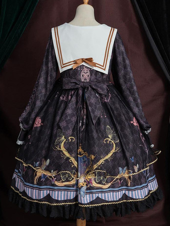 ロリータOPドレスポリエステル長袖ボウコンレースフリルスウィートロリータワンピースドレス ブルー