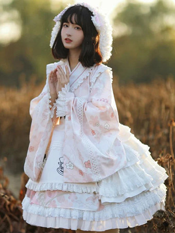 ロリータOPドレス 和風 長袖 フローラルプリントピンクボウ スウィート ロリータワンピース ピンク