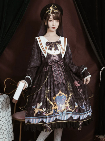 ロリータOPドレスポリエステル長袖ボウコンレースフリルスウィートロリータワンピースドレス ブルー