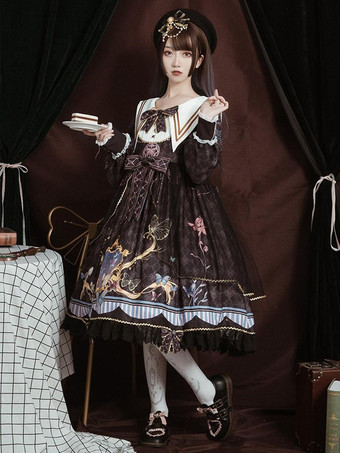 ロリータOPドレスポリエステル長袖ボウコンレースフリルスウィートロリータワンピースドレス ブルー