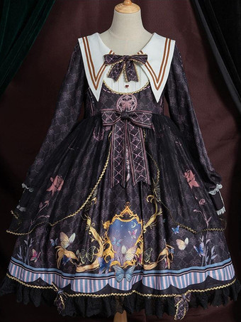 ロリータOPドレスポリエステル長袖ボウコンレースフリルスウィートロリータワンピースドレス ブルー