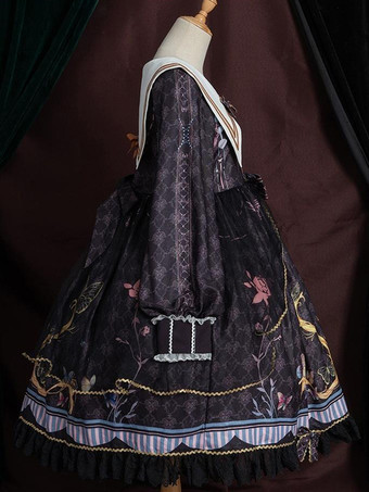 ロリータOPドレスポリエステル長袖ボウコンレースフリルスウィートロリータワンピースドレス ブルー