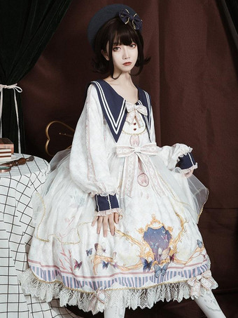 ロリータOPドレスポリエステル長袖ボウコンレースフリルスウィートロリータワンピースドレス ブルー