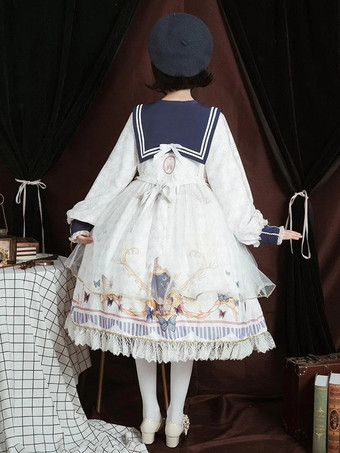 ロリータOPドレスポリエステル長袖ボウコンレースフリルスウィートロリータワンピースドレス ブルー