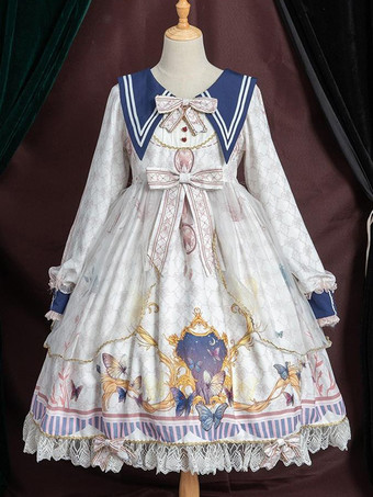 ロリータOPドレスポリエステル長袖ボウコンレースフリルスウィートロリータワンピースドレス ブルー