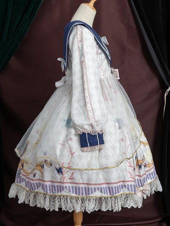 ロリータOPドレスポリエステル長袖ボウコンレースフリルスウィートロリータワンピースドレス ブルー