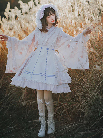 ロリータOPドレス 和風 長袖 フローラルプリントピンクボウ スウィート ロリータワンピース ピンク