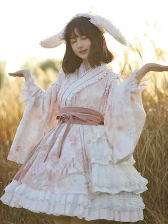 ロリータOPドレス 和風 長袖 フローラルプリントピンクボウ スウィート ロリータワンピース ピンク