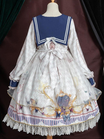 ロリータOPドレスポリエステル長袖ボウコンレースフリルスウィートロリータワンピースドレス ブルー