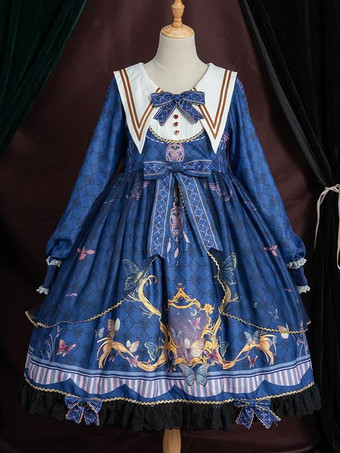 ロリータOPドレスポリエステル長袖ボウコンレースフリルスウィートロリータワンピースドレス ブルー